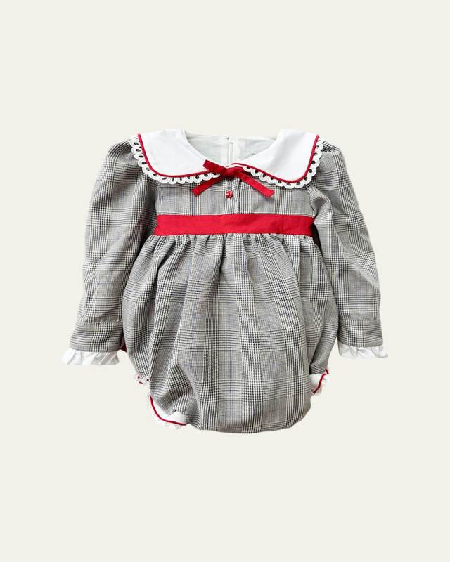 Girl's Georgina Tartan-Print Ruffle Trim Romper, Size 3M-24